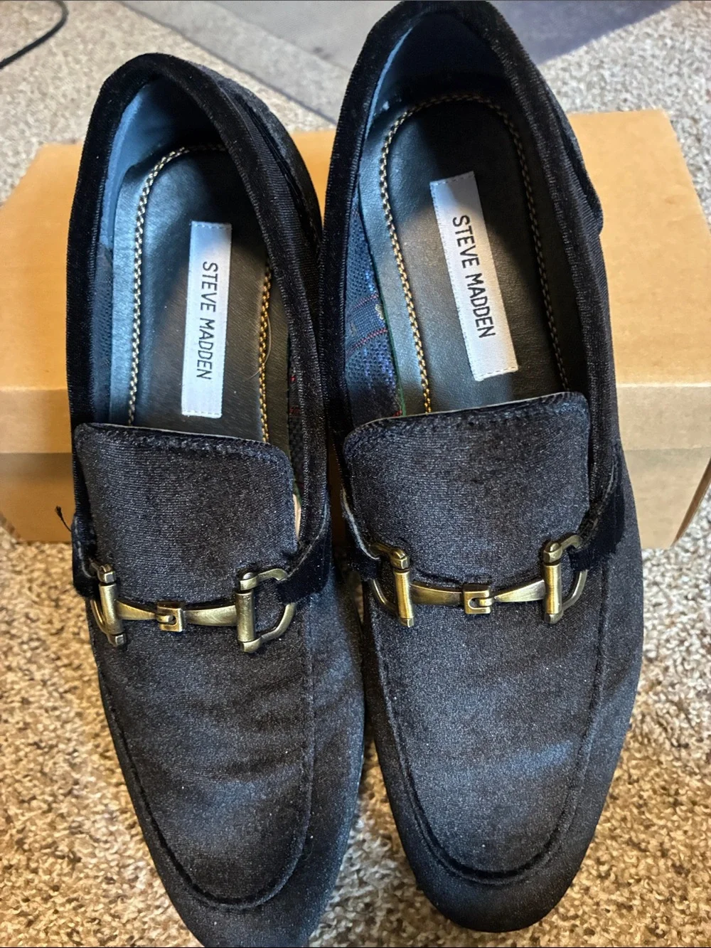 Steve Madden Black Velvet Slip-On Loafers with Gold Bit